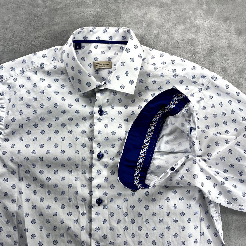 Doriani Milano Shirt Men's Large Polka Dot White/Blue Long Sleeve Flip Cuff